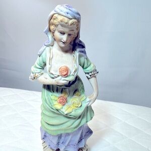 Vintage Ceramic Occupied Japan Victorian Colonial Maiden 10” Figurine W/Flowers